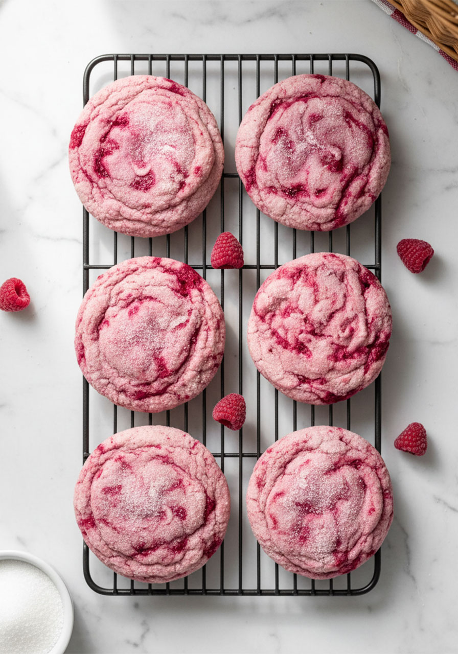 Soft raspberry sugar cookies with pink swirls and sugar coating cooling on a wire rack