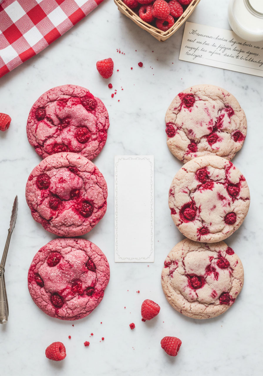 Side by side comparison of raspberry cookies made with and without red food coloring showing color difference