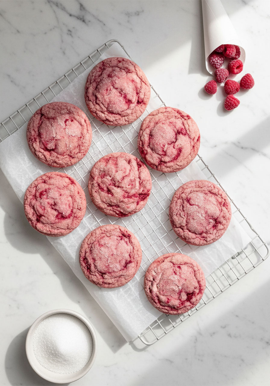 Gorgeous pink raspberry sugar cookies on a cooling rack surrounded by frozen raspberries — easy gluten free dessert recipe