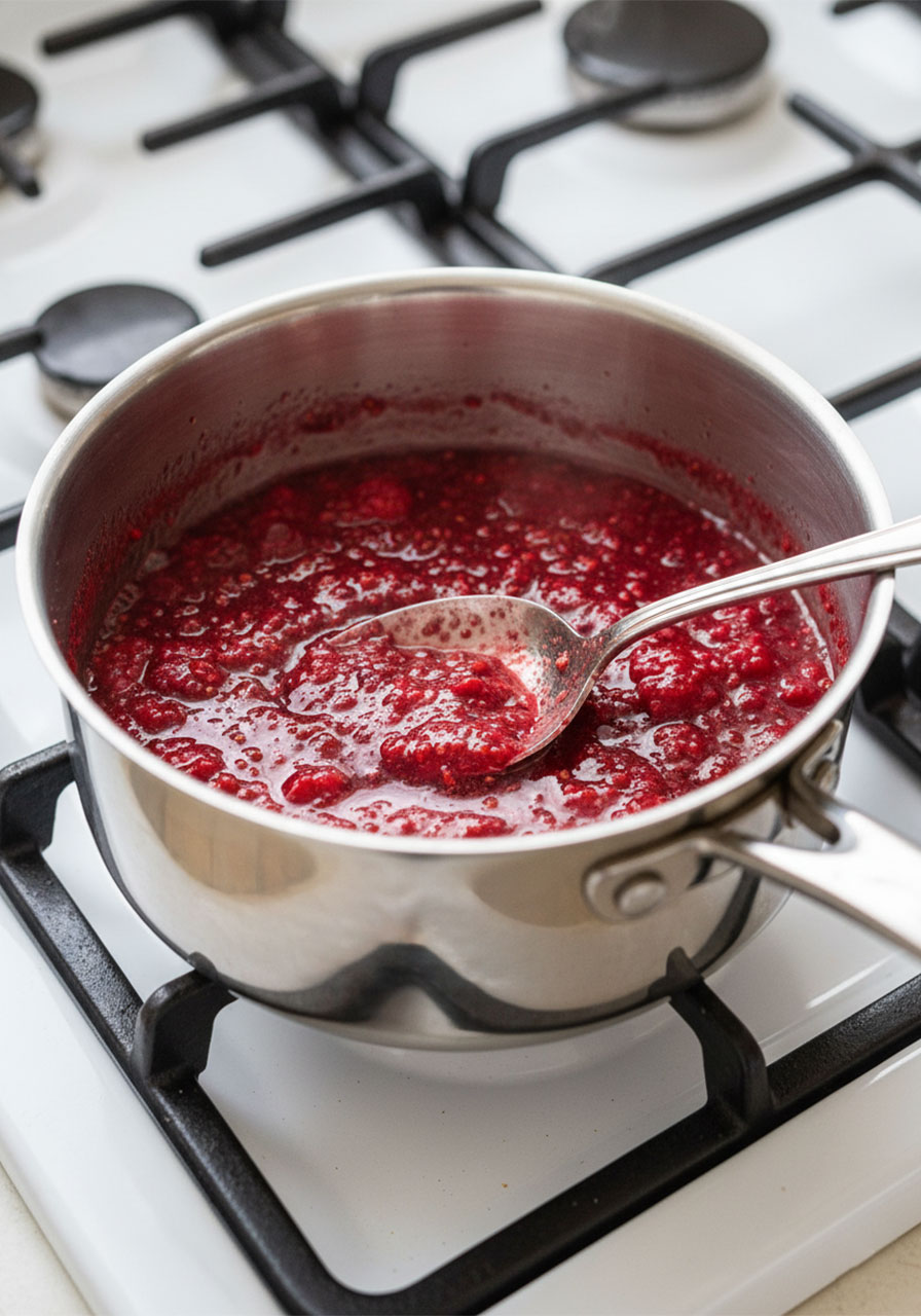 Deep red raspberry syrup bubbling in a saucepan on the stovetop for homemade raspberry cookies