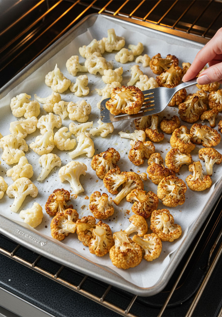 Cauliflower florets roasting in a single layer on a parchment-lined baking sheet, being flipped to show golden caramelized undersides
