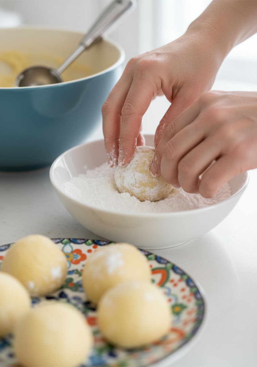 Hands rolling a pale yellow gluten-free lemon cookie dough ball in a bowl of powdered sugar, with coated dough balls ready on a plate nearby