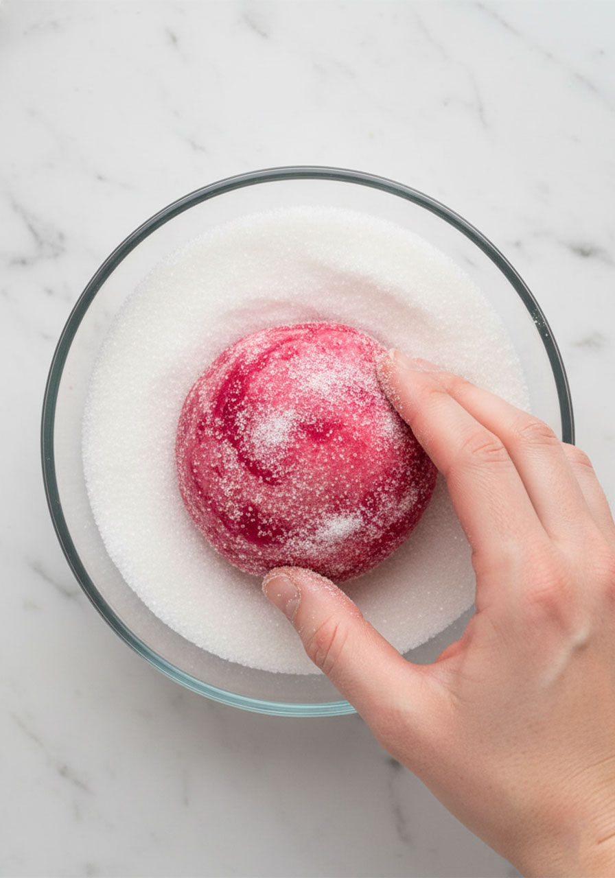 Pink raspberry cookie dough ball being rolled in granulated sugar before baking