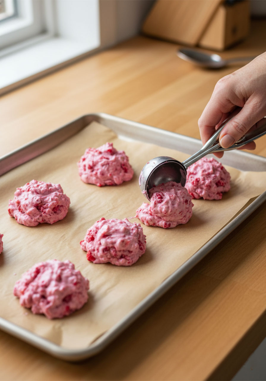 Scooping Greek yogurt strawberry and raspberry clusters onto parchment-lined baking sheet before freezing