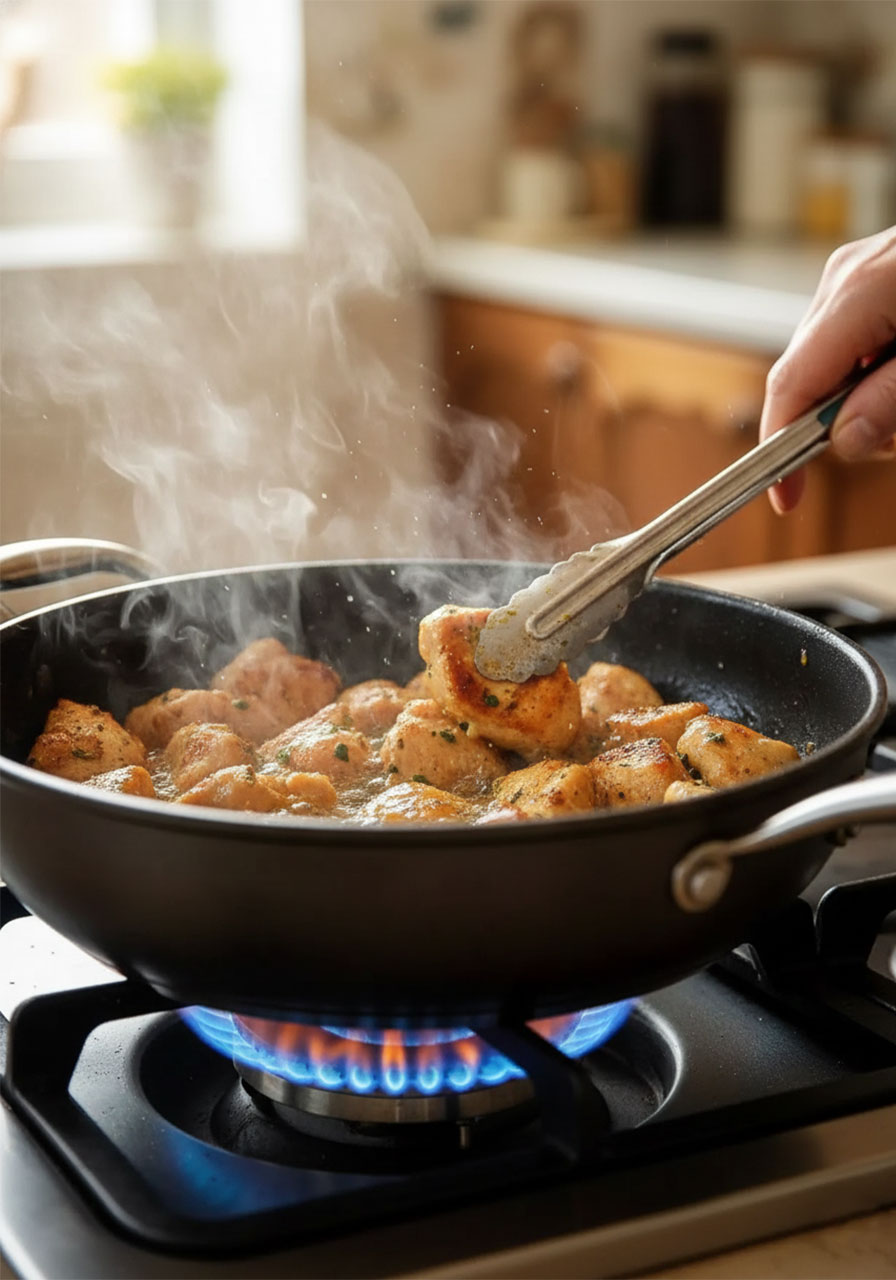 Searing chicken breast pieces in skillet for keto Tuscan chicken recipe
