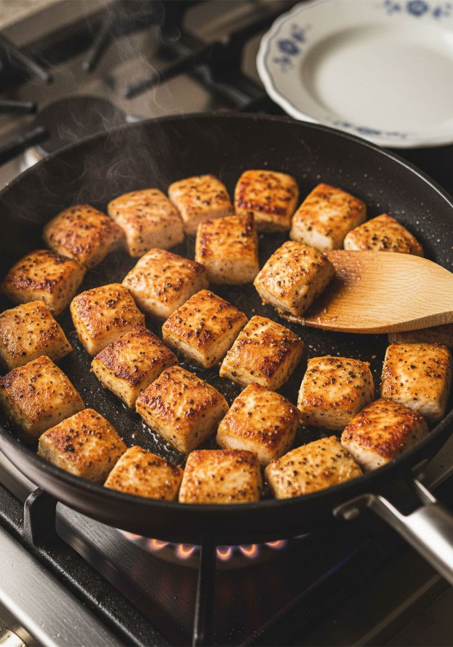 Seasoned chicken breast cubes searing in a black nonstick skillet showing a golden crust, mid-flip with a wooden spatula