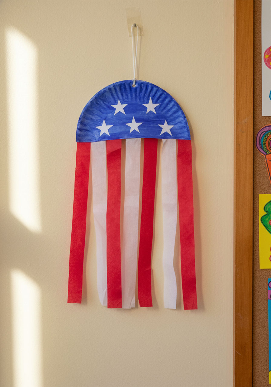 Finished simple paper plate American flag craft hanging on wall with blue painted top, white stars, and red and white tissue paper stripes