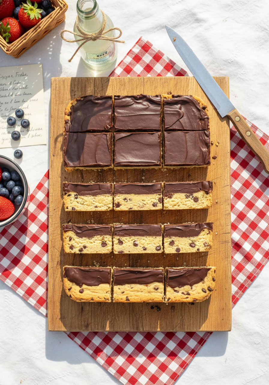 A full batch of sliced sugar free low carb cookie bars showing clean layers of almond flour cookie dough and dark chocolate ganache