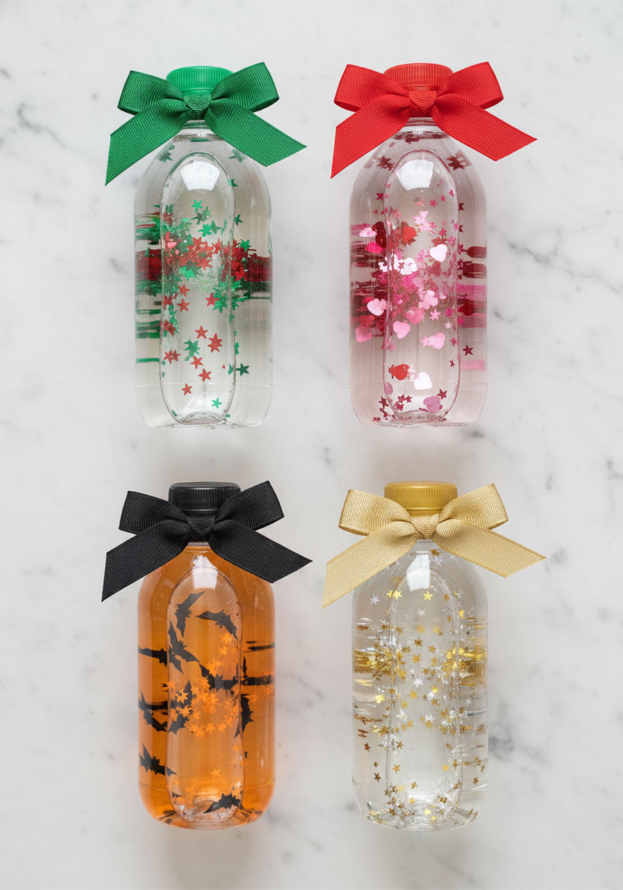 Four DIY sparkle bottles in holiday color variations including Christmas Valentine's Day Halloween and New Year's Eve displayed in flat lay overhead view