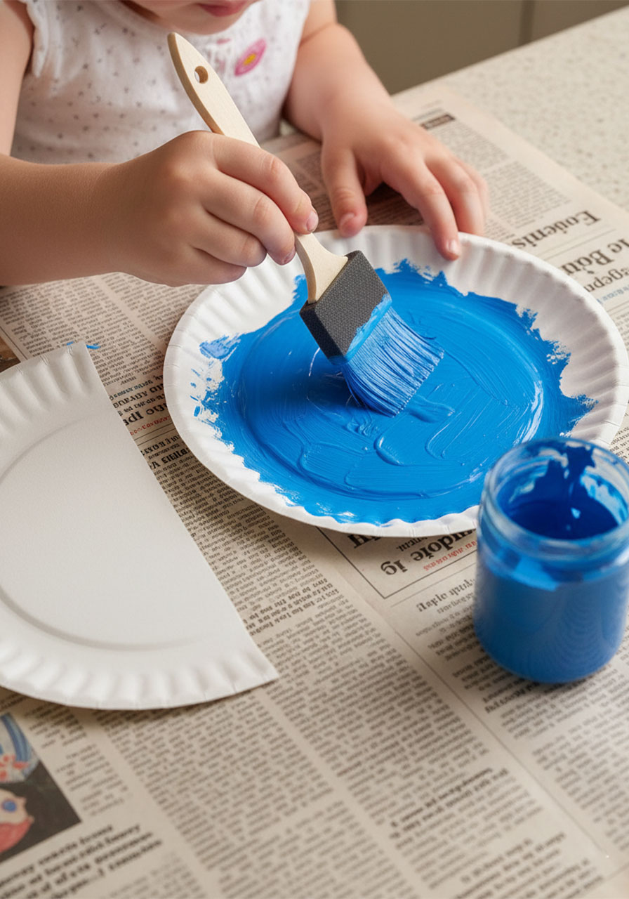 Child painting a paper plate half blue with a foam brush as the first step of a paper plate American flag craft