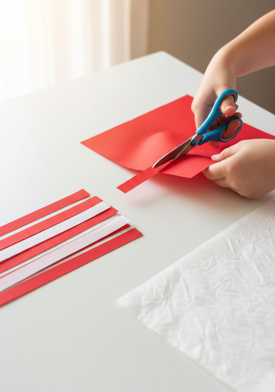 Adding white star stickers to a blue painted paper plate as step two of a patriotic paper plate flag craft for kidsChild cutting red tissue paper into strips for patriotic paper plate flag craft stripes, with red and white strips laid out in alternating pattern