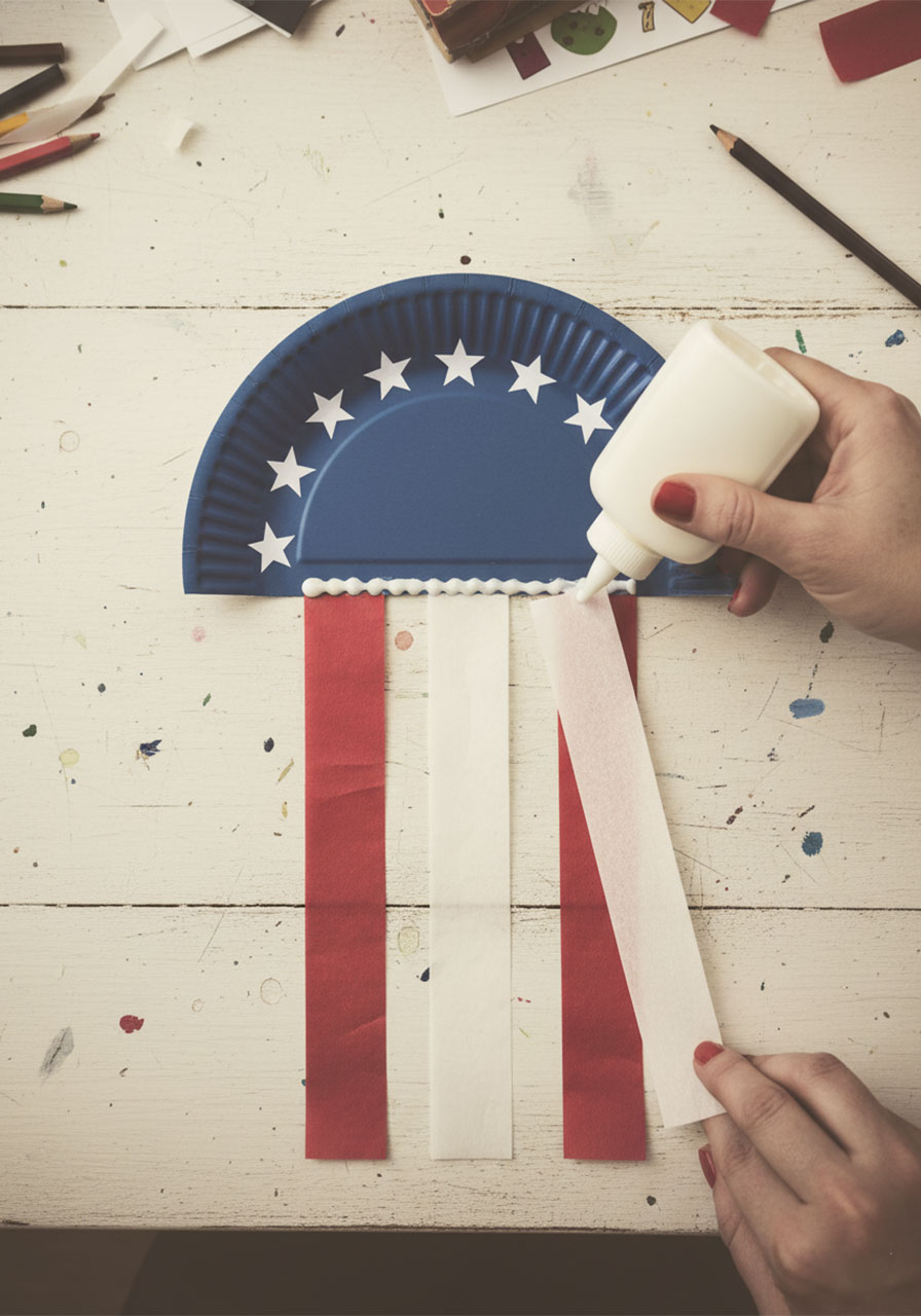 Gluing alternating red and white tissue paper strips to the bottom of a blue painted paper plate to create patriotic flag craft stripes