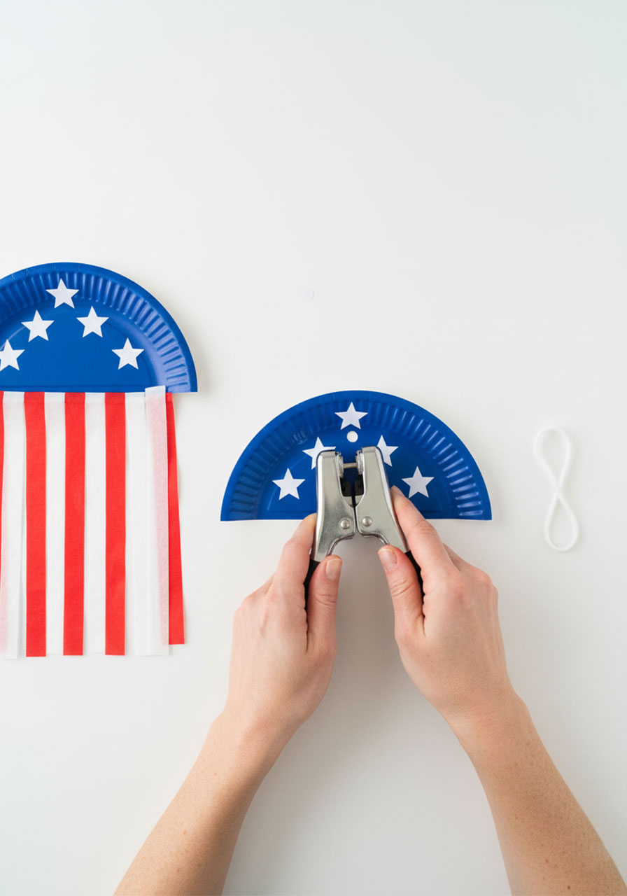 Using a hole punch to add a hanging loop to the top of a completed paper plate American flag craft for kids