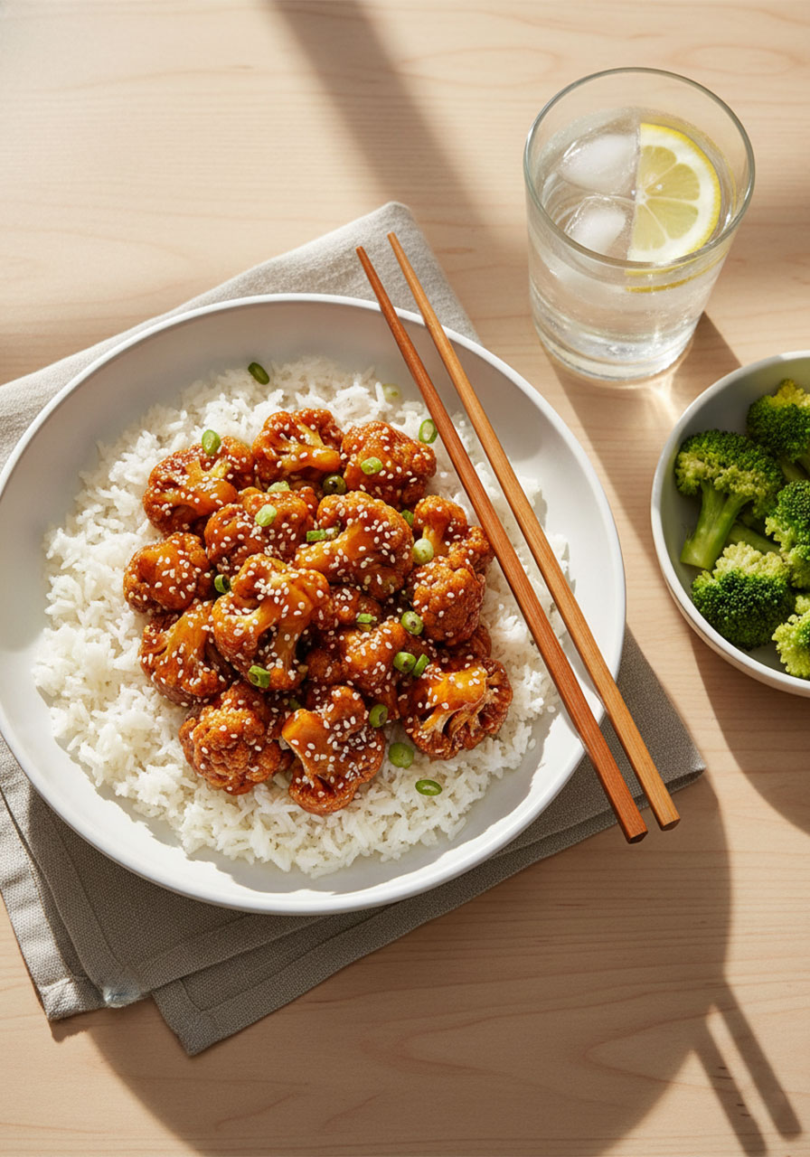 Healthy sticky honey garlic cauliflower served over fluffy white rice in a white bowl with steamed broccoli on the side