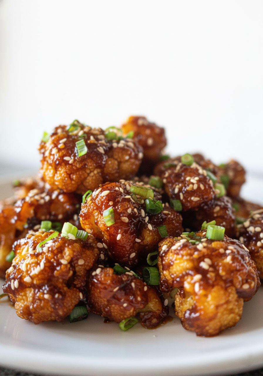 Extreme close-up of sticky honey garlic cauliflower florets showing thick glossy glaze, sesame seeds, and fresh green onions