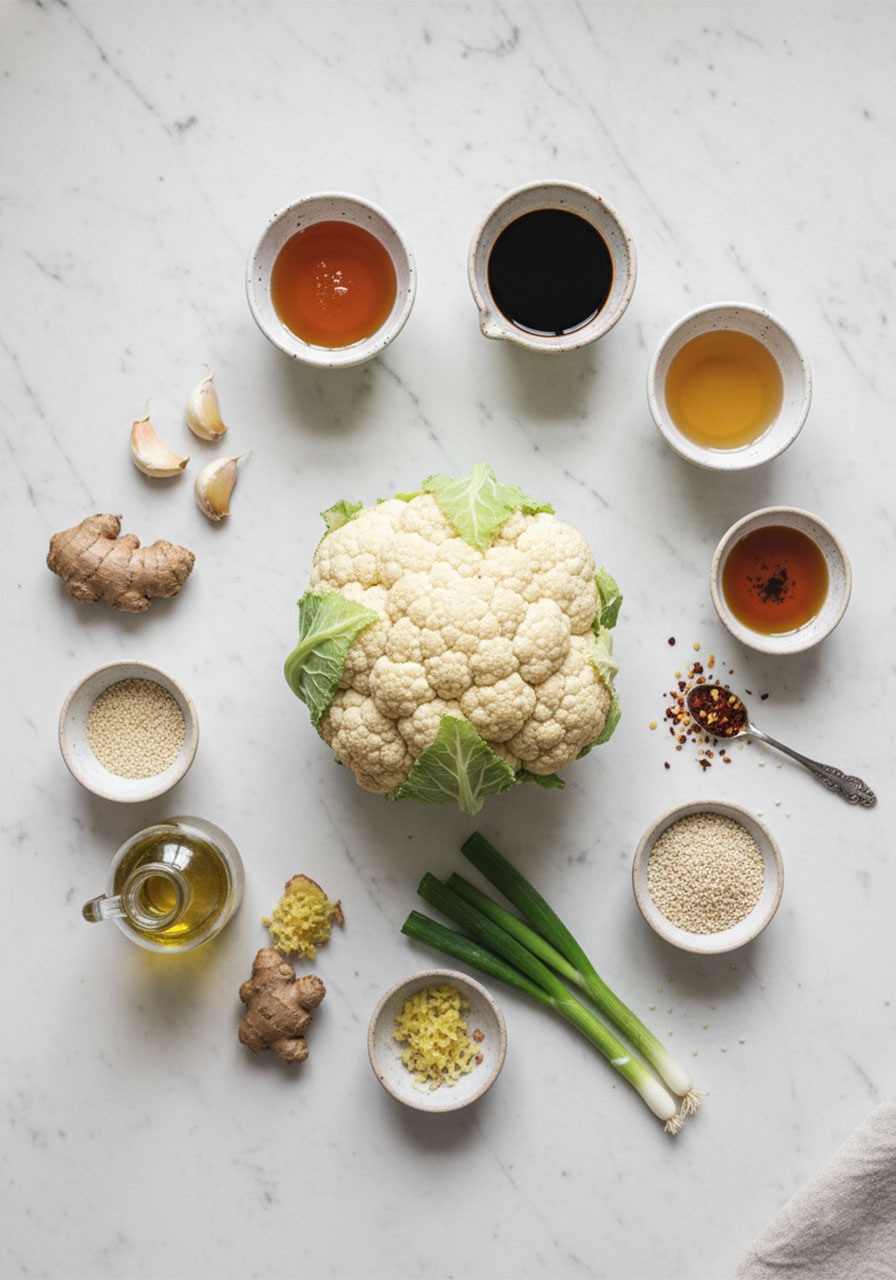 All ingredients for sticky honey garlic cauliflower arranged in a flat lay on white marble including honey, soy sauce, garlic, ginger, and fresh cauliflower