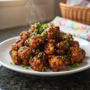 Sticky honey garlic cauliflower florets coated in glossy glaze, topped with sesame seeds and green onions on a white plate