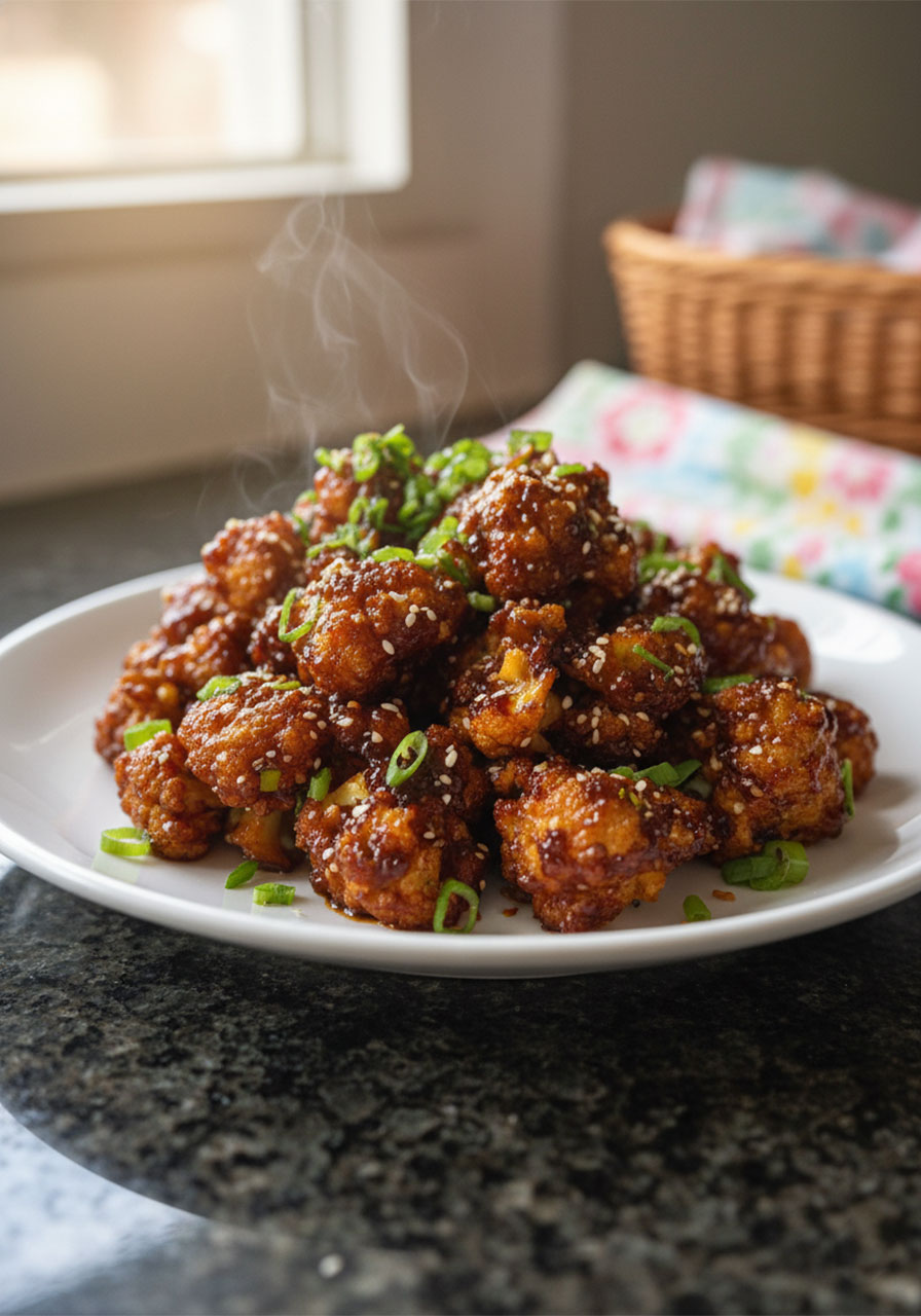 Sticky honey garlic cauliflower florets coated in glossy glaze, topped with sesame seeds and green onions on a white plate