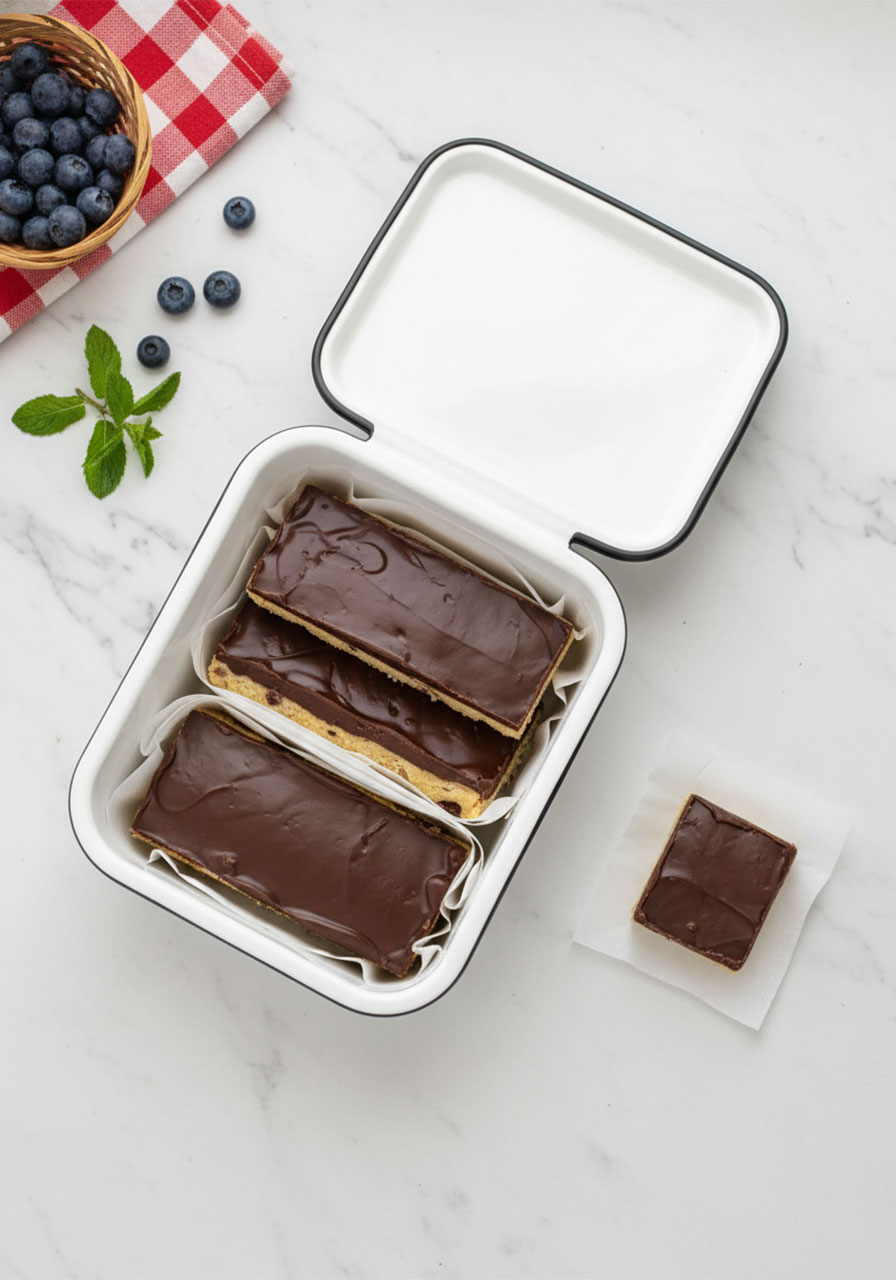 Sugar free low carb cookie bars stored in layers with parchment paper in an airtight container for refrigerator or freezer storage