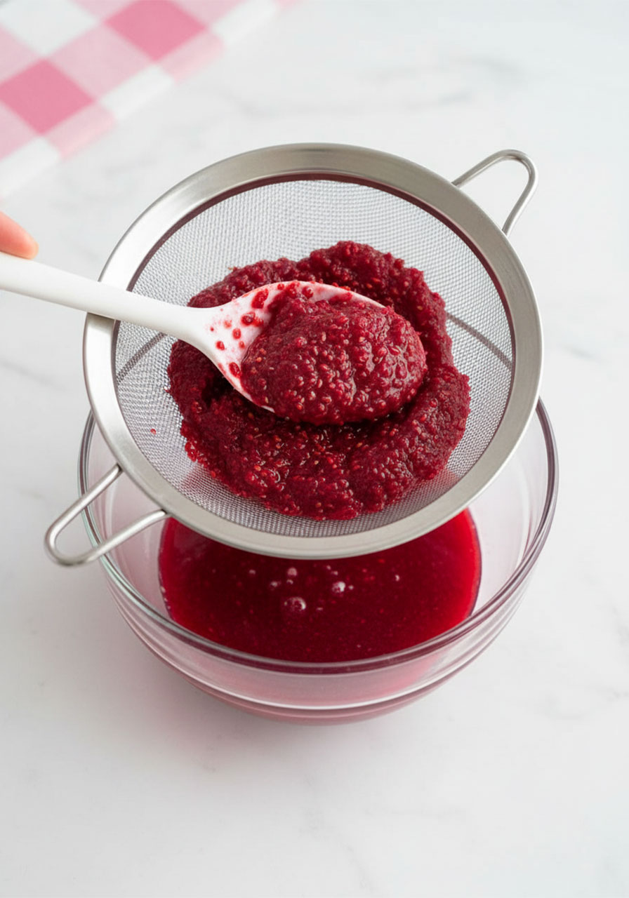 Pressing raspberry syrup through a fine mesh strainer into a glass bowl to remove seeds
