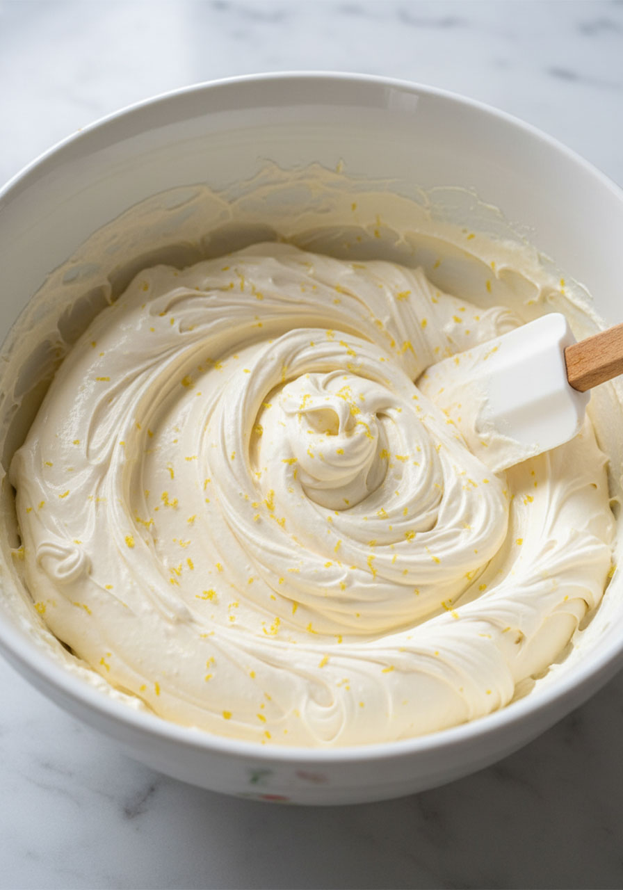 Thick whipped cream cheese filling with lemon zest in a white mixing bowl at stiff peaks stage — strawberry cream sandwich filling recipe step