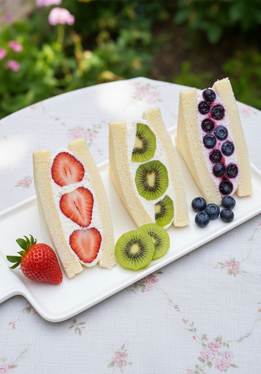 Three fruit cream tea sandwich variations side by side showing strawberry, kiwi, and blueberry fillings — sweet tea party food ideas for any season