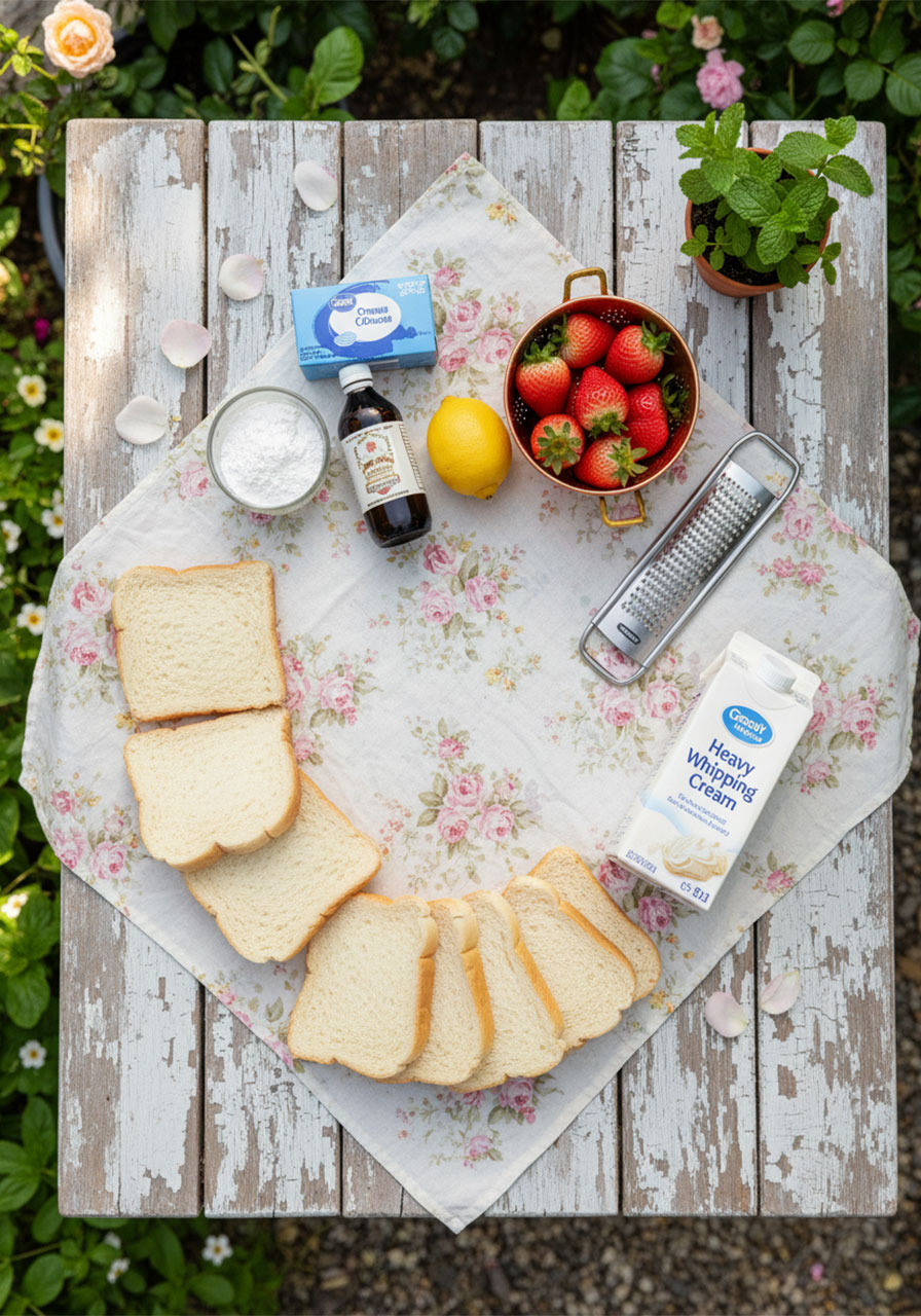 All seven ingredients for strawberry cream tea sandwiches laid out on white marble including strawberries, cream cheese, heavy cream, powdered sugar, vanilla, lemon, and white bread