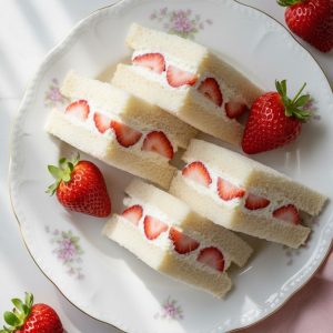 Four strawberry cream tea sandwiches cut diagonally on a vintage floral platter showing red strawberry and cream cross-sections — sweet tea party food idea