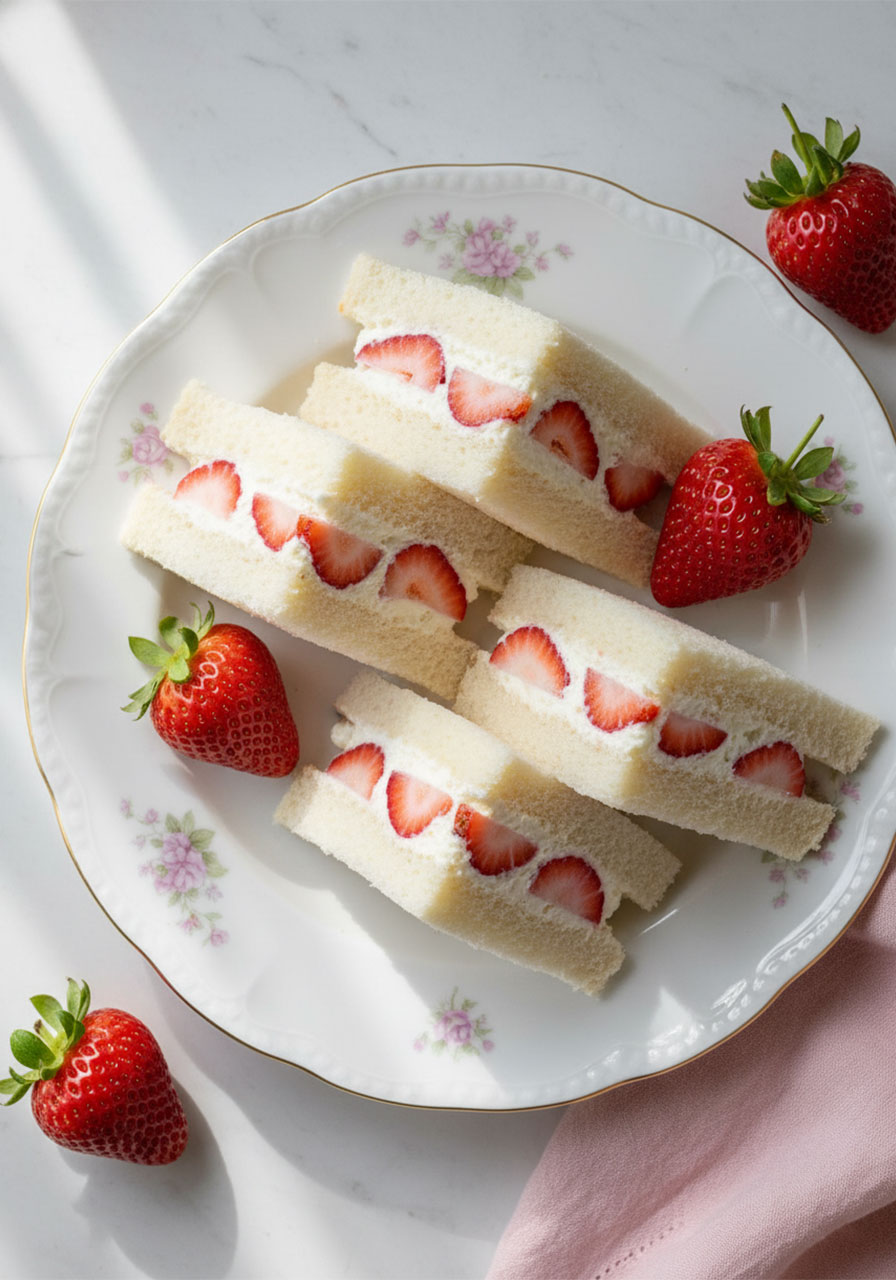 Four strawberry cream tea sandwiches cut diagonally on a vintage floral platter showing red strawberry and cream cross-sections — sweet tea party food idea