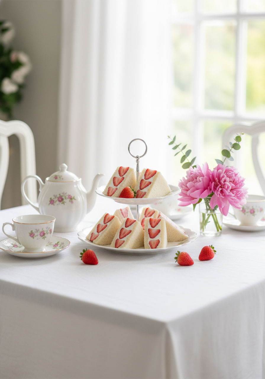 Elegant spring tea party table spread with strawberry cream tea sandwiches on a tiered stand surrounded by teacups and pink peonies