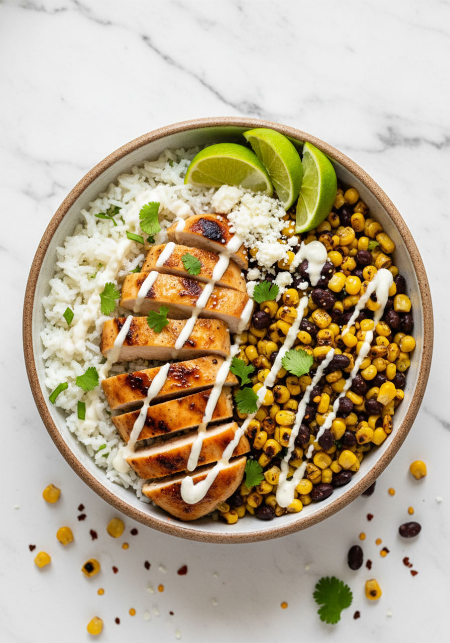Street corn chicken rice bowl with grilled chicken, charred corn, black beans, cotija cheese and lime crema, overhead view