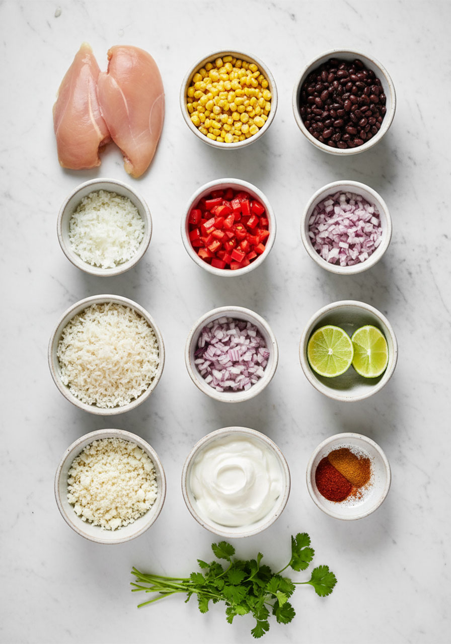 All ingredients for street corn chicken rice bowl laid out including chicken, corn, rice, black beans, cotija cheese and lime crema