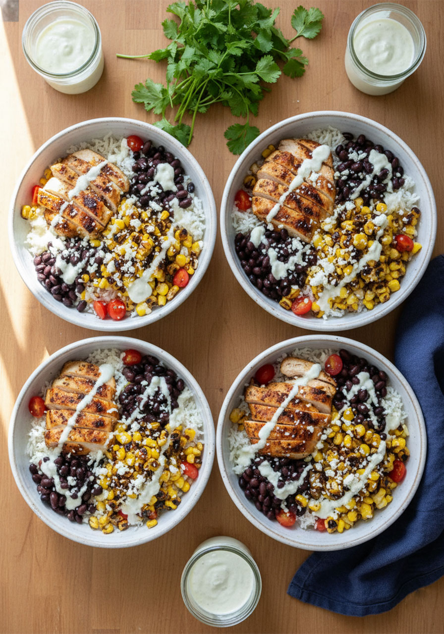 Four street corn chicken rice bowls arranged as weekly meal prep on a wood table with lime crema jars