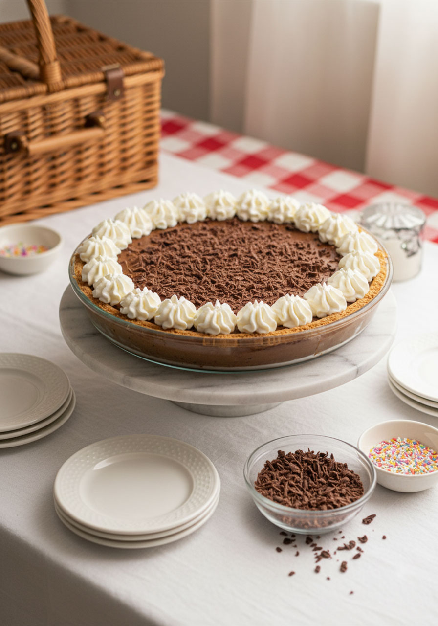 Sugar free chocolate pudding pie as centerpiece on an elegant low carb dessert party table