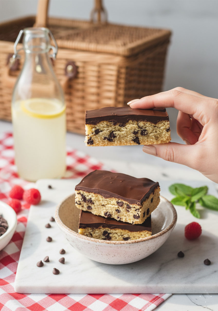 A hand lifting a sugar free cookie bar showing the low carb almond flour dough base and dark chocolate ganache topping