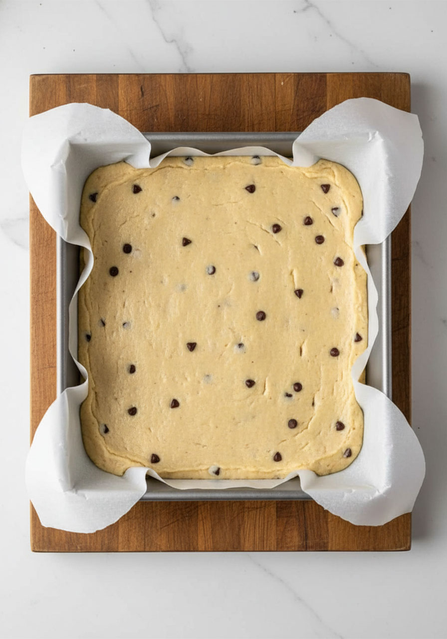 Sugar free low carb cookie dough pressed evenly into a parchment-lined baking pan before chilling and adding chocolate ganache