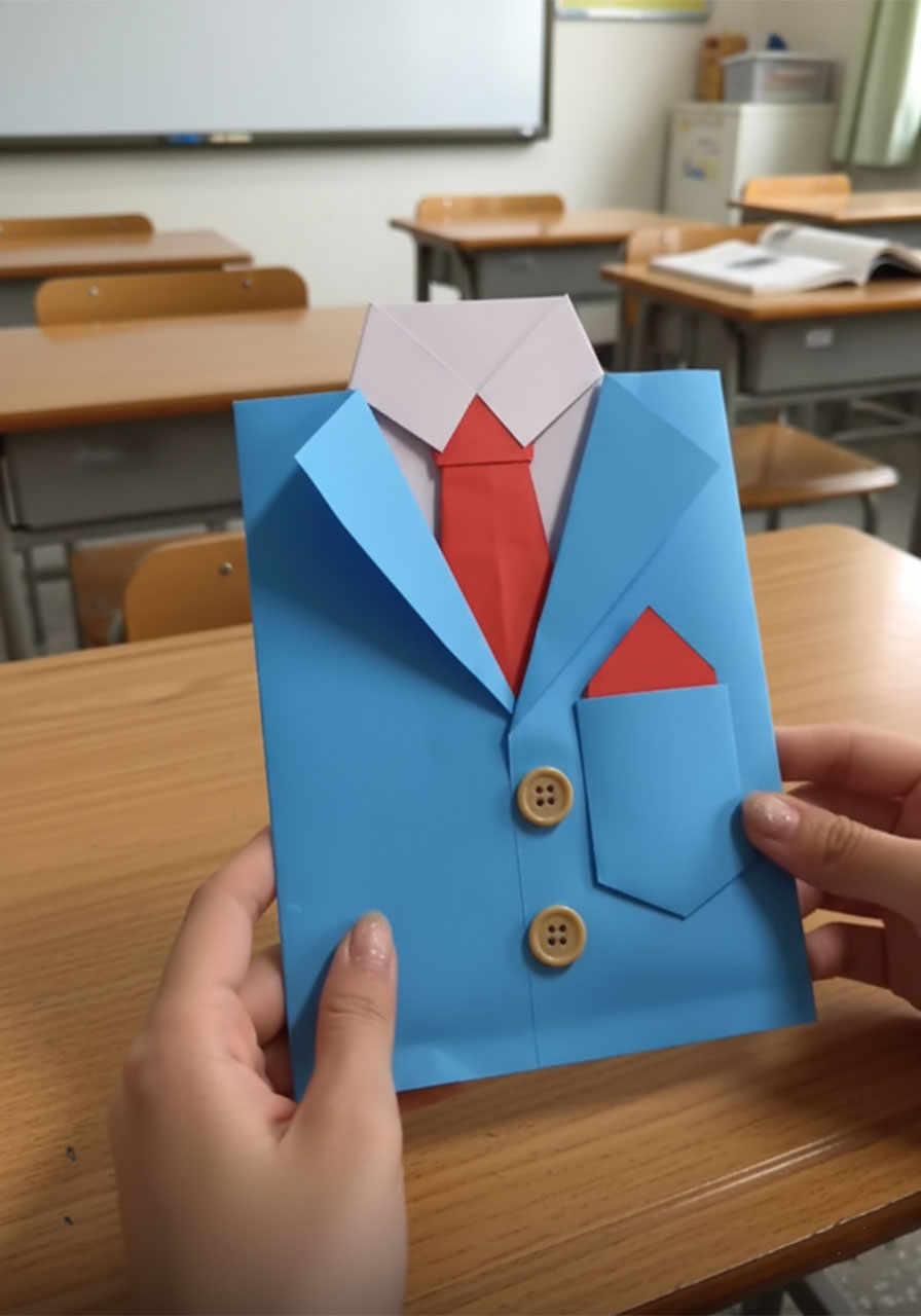 Finished handmade Father's Day card shaped like a blue suit jacket with red origami tie, white collar, pocket square, and buttons