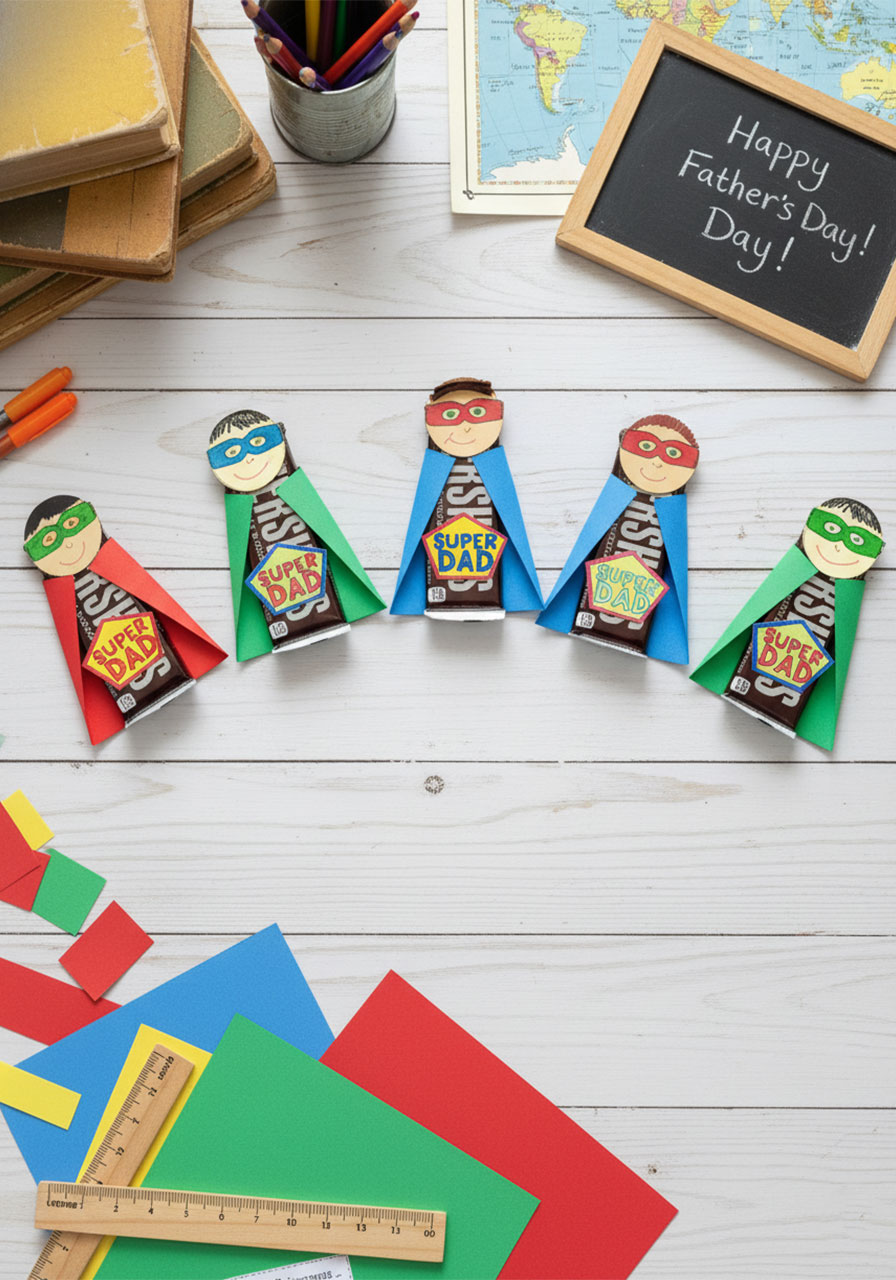 Five completed superhero Father's Day gifts made from Hershey's bars wrapped in colorful cardstock capes with Super Dad badges