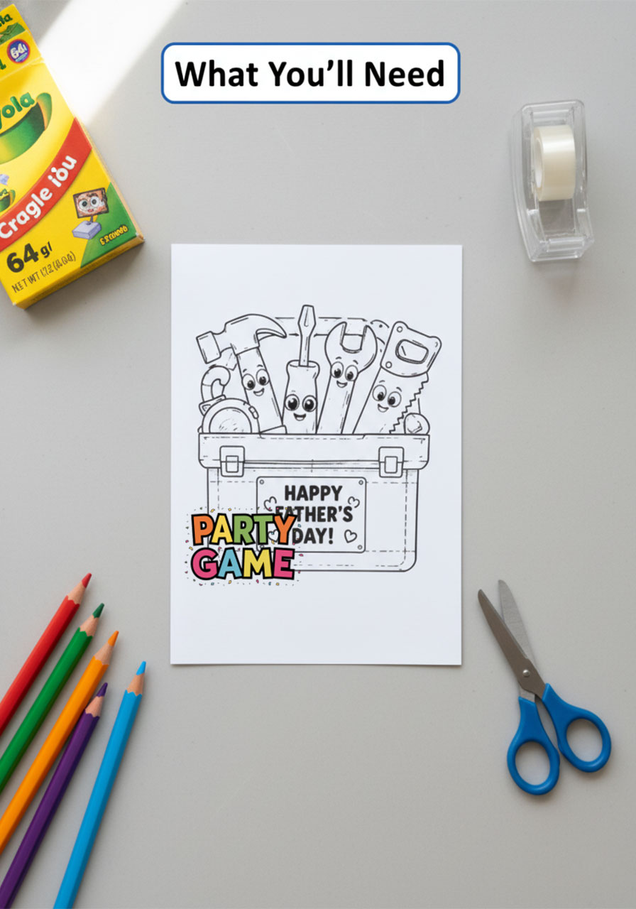 Supplies needed for printable Father's Day toolbox card craft including printed template, colored pencils, scissors, and tape on gray surface