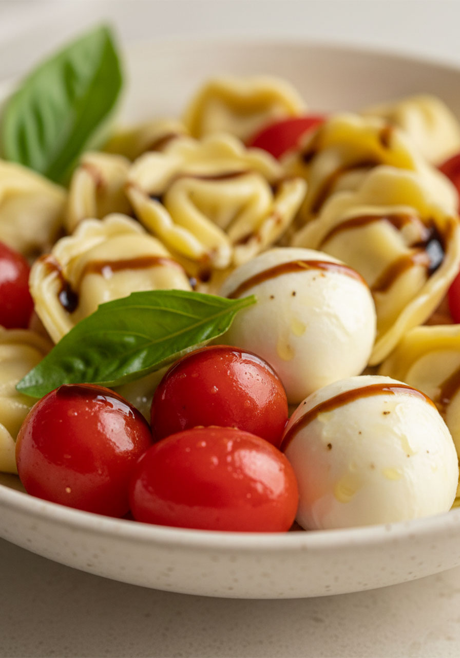 Close-up of tortellini caprese pasta salad showing cherry tomatoes, mozzarella pearls, fresh basil, and balsamic glaze drizzle in a cream ceramic bowl