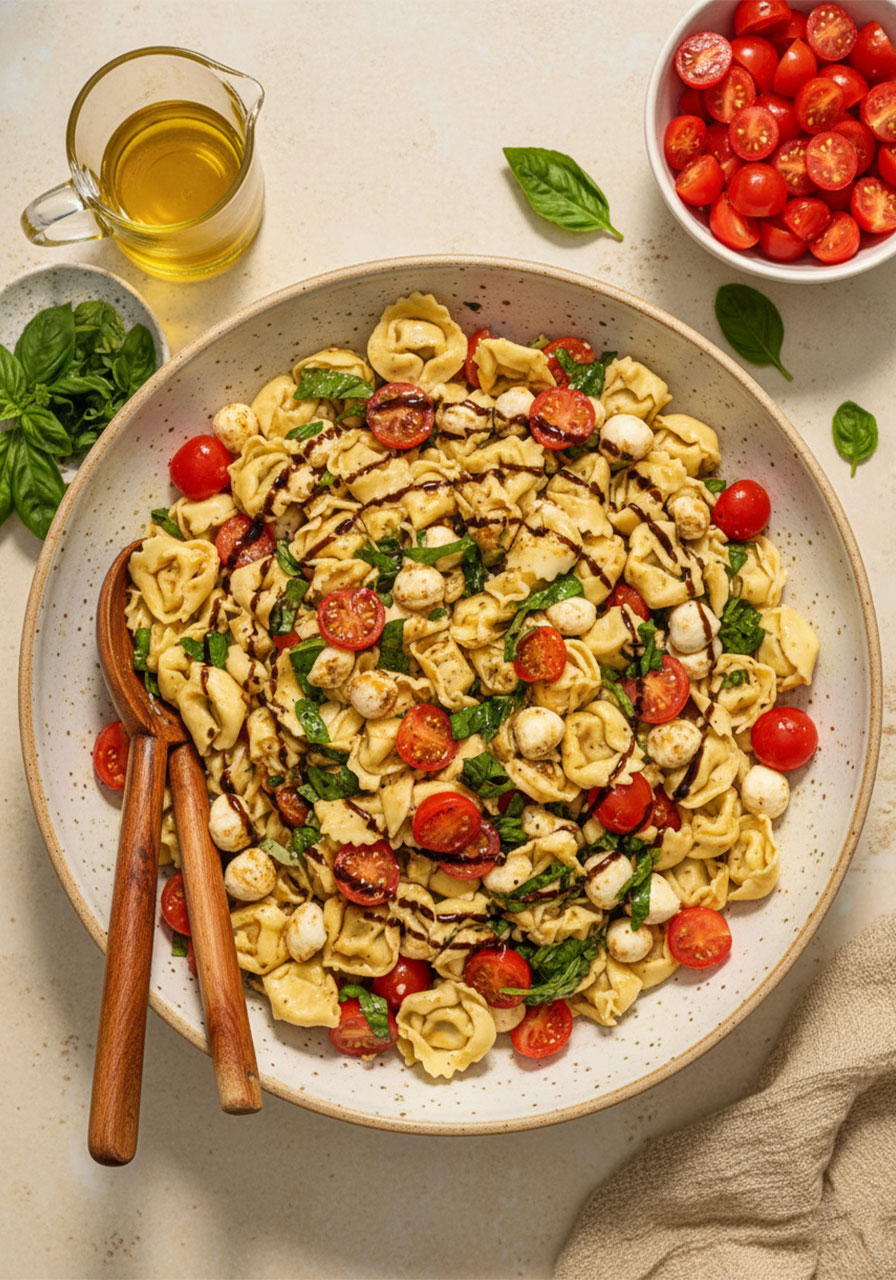 Tortellini caprese pasta salad in a large ceramic bowl with cherry tomatoes, mozzarella pearls, basil, and balsamic glaze drizzle
