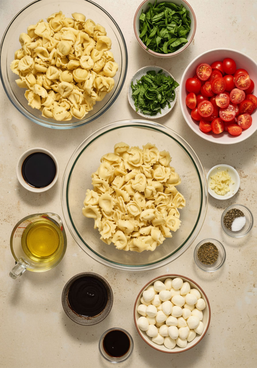 All ingredients for tortellini caprese pasta salad laid out flat including tortellini, cherry tomatoes, mozzarella pearls, basil, spinach, olive oil, balsamic vinegar, and garlic