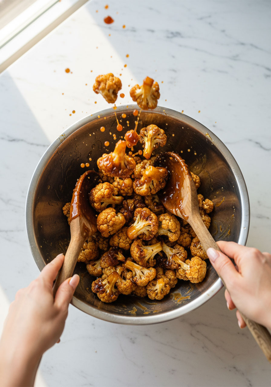Golden roasted cauliflower florets being tossed in sticky honey garlic glaze in a large mixing bowl using wooden spoons