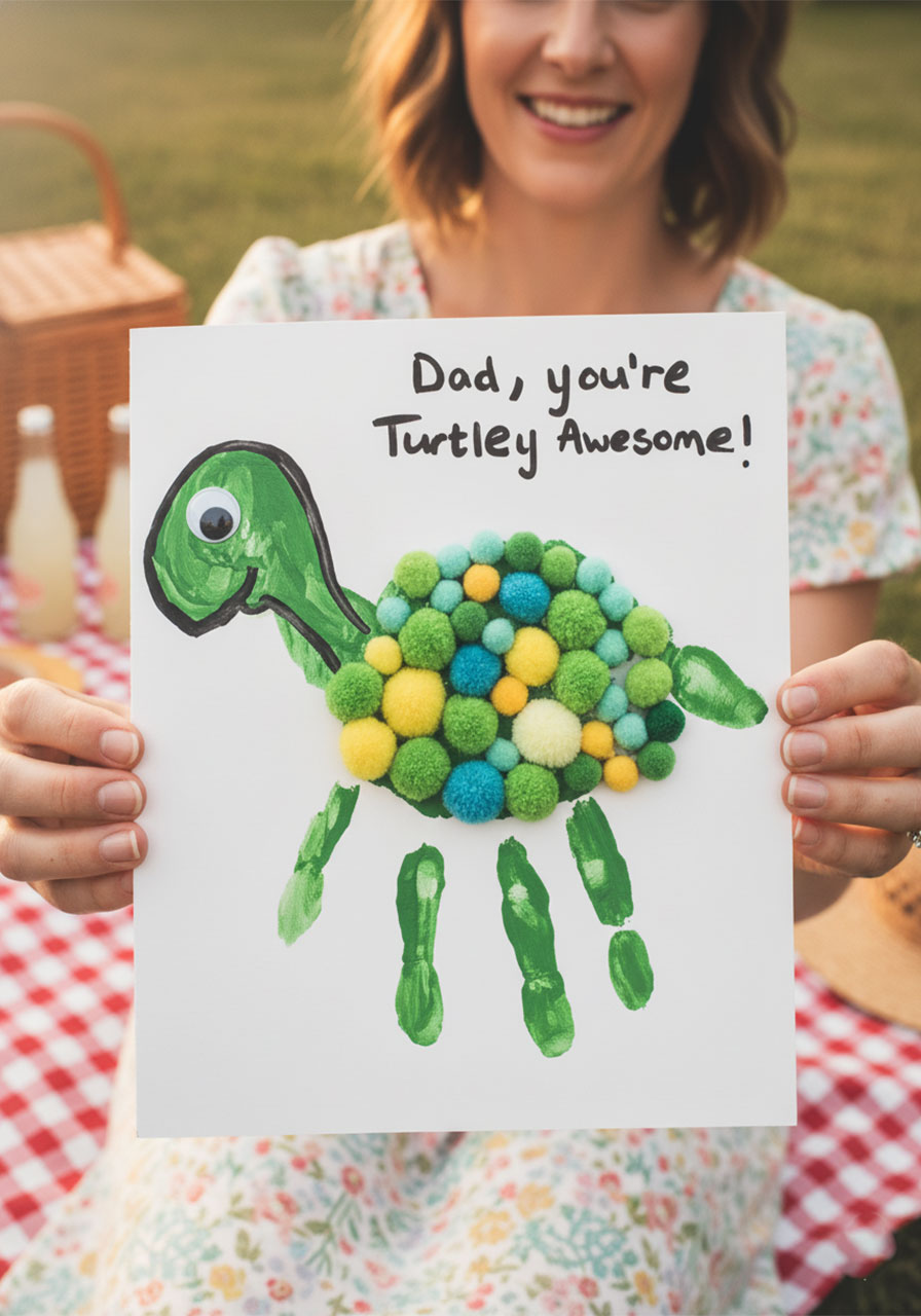 Completed Father's Day 3D turtle handprint craft with a colorful pom-pom shell and googly eye with "Dad you're Turtley Awesome" written on white cardstock	