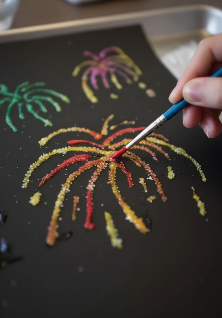Paintbrush tip touching salt covered glue line causing red watercolor paint to spread magically through salt crystals in firework salt painting tutorial