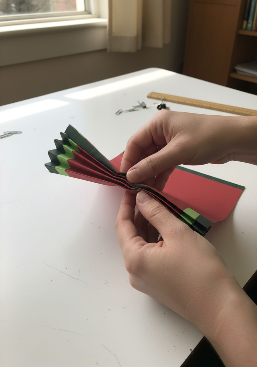 Accordion folding decorated red and green cardstock paper step-by-step for DIY watermelon paper fan craft