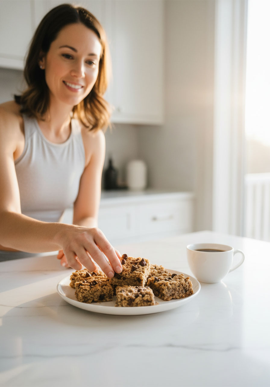 Woman enjoying a banana oatmeal bar as a healthy meal prep snack in her kitchen