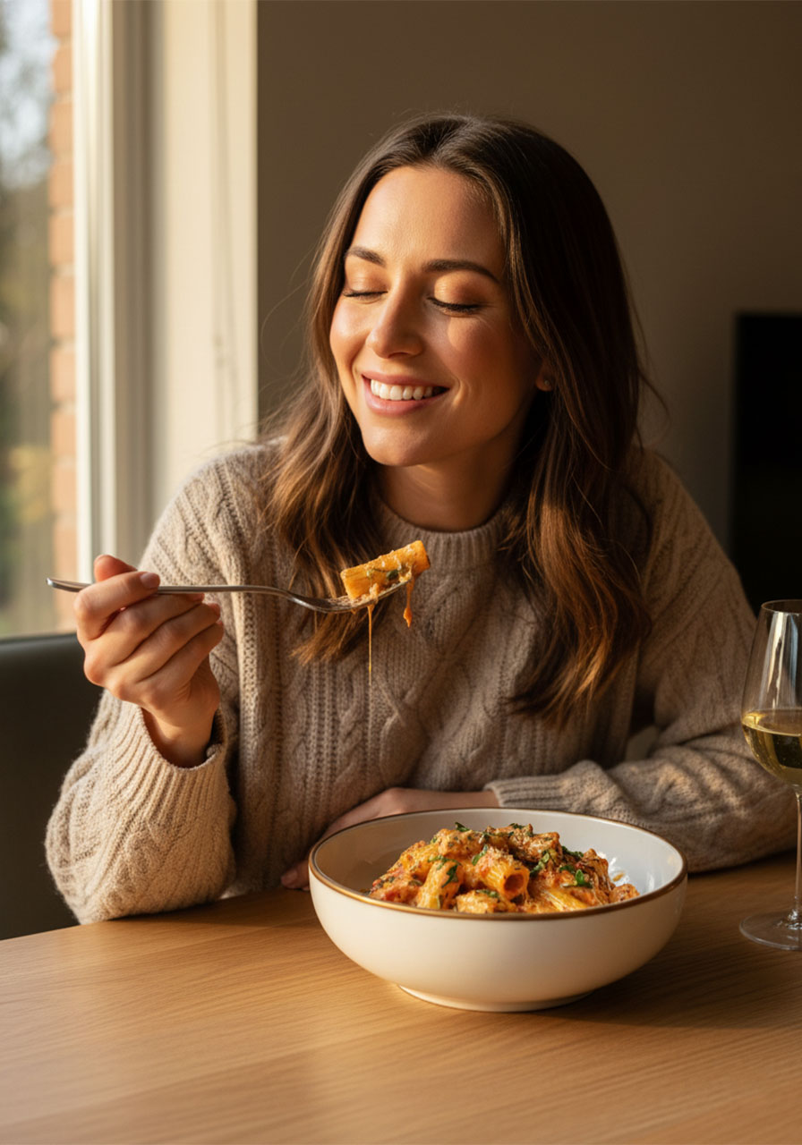 Woman smiling with eyes closed enjoying a bowl of creamy tomato garlic pasta at home — comfort dinner recipe