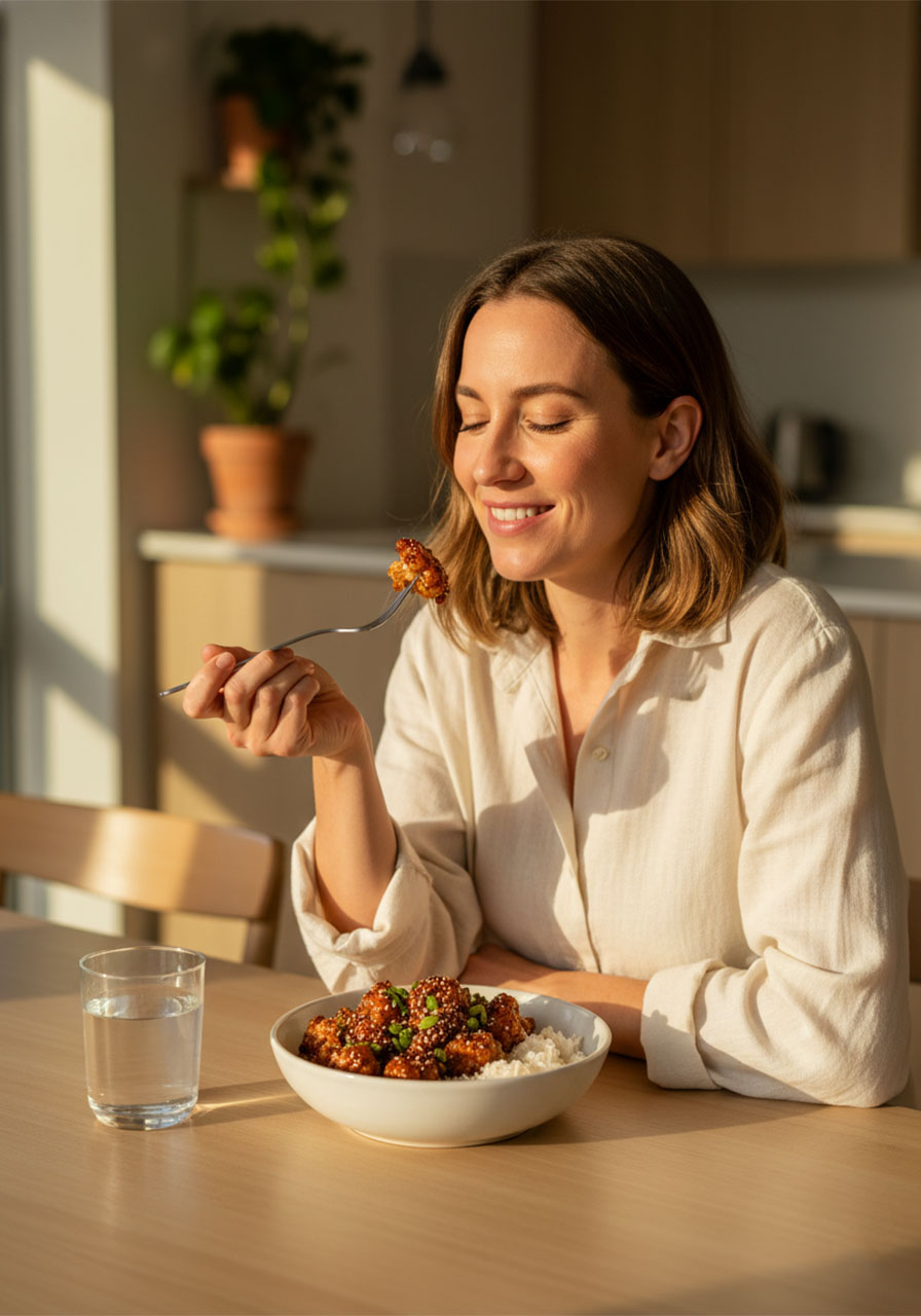 Happy woman in her 30s enjoying a bite of sticky honey garlic cauliflower, illustrating a healthy and delicious plant-based meal