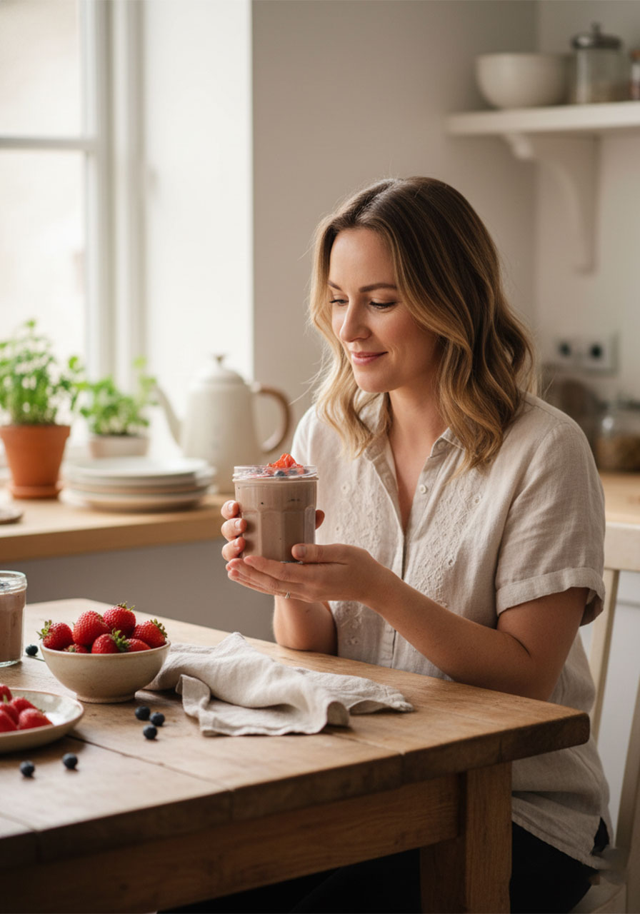 Happy woman in her 30s enjoying a jar of high protein chocolate pudding as a healthy dessert at a bright kitchen table